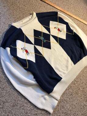Vintage John Ashford Embroidered Golf Argyle Cotton Knit Pullover Sweater